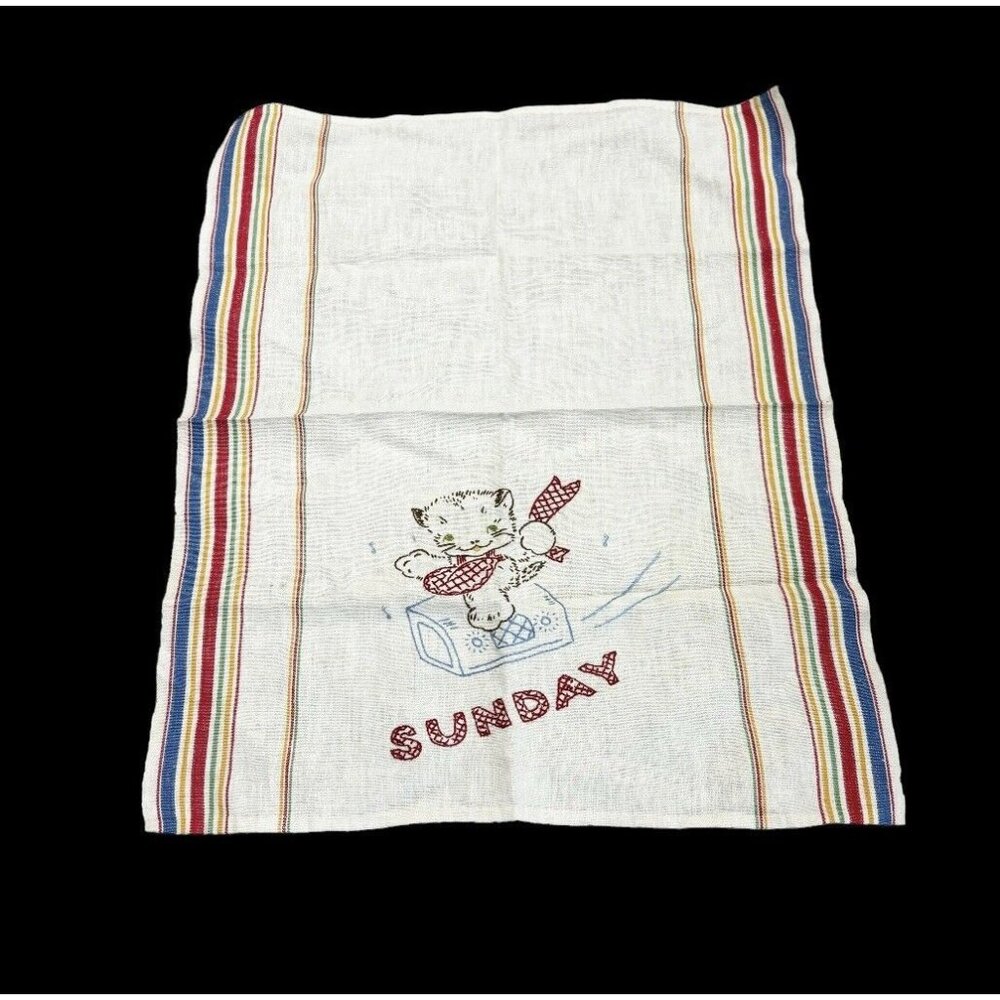 Vintage Tea towel Kitten Sunday Cat Multicolor Stripes Cottagecore Home Decor